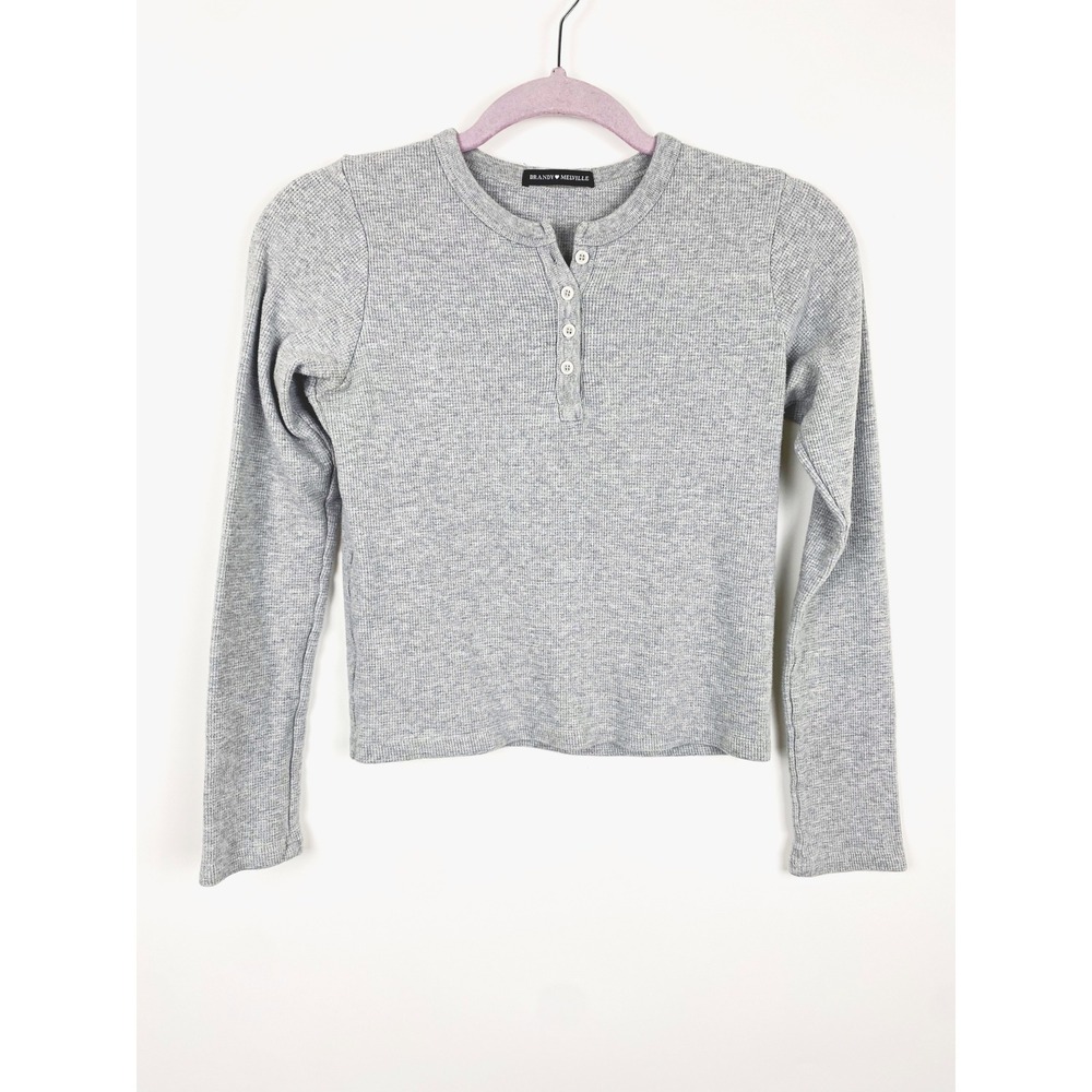 Brandy Melville Waffle Knit Crop Henley Long Sleeve Top OS